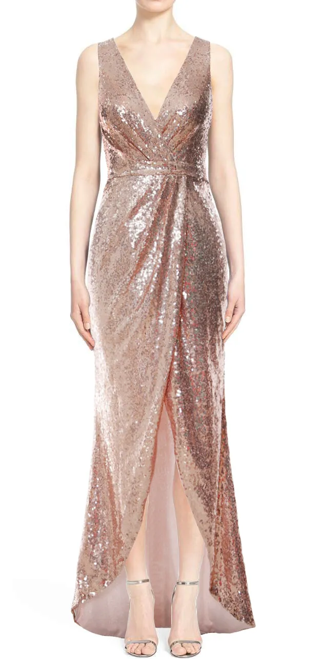 MACloth V Neck Sequin Hi Lo Bridesmaid Dress Simple Long Prom Dress Formal Gown