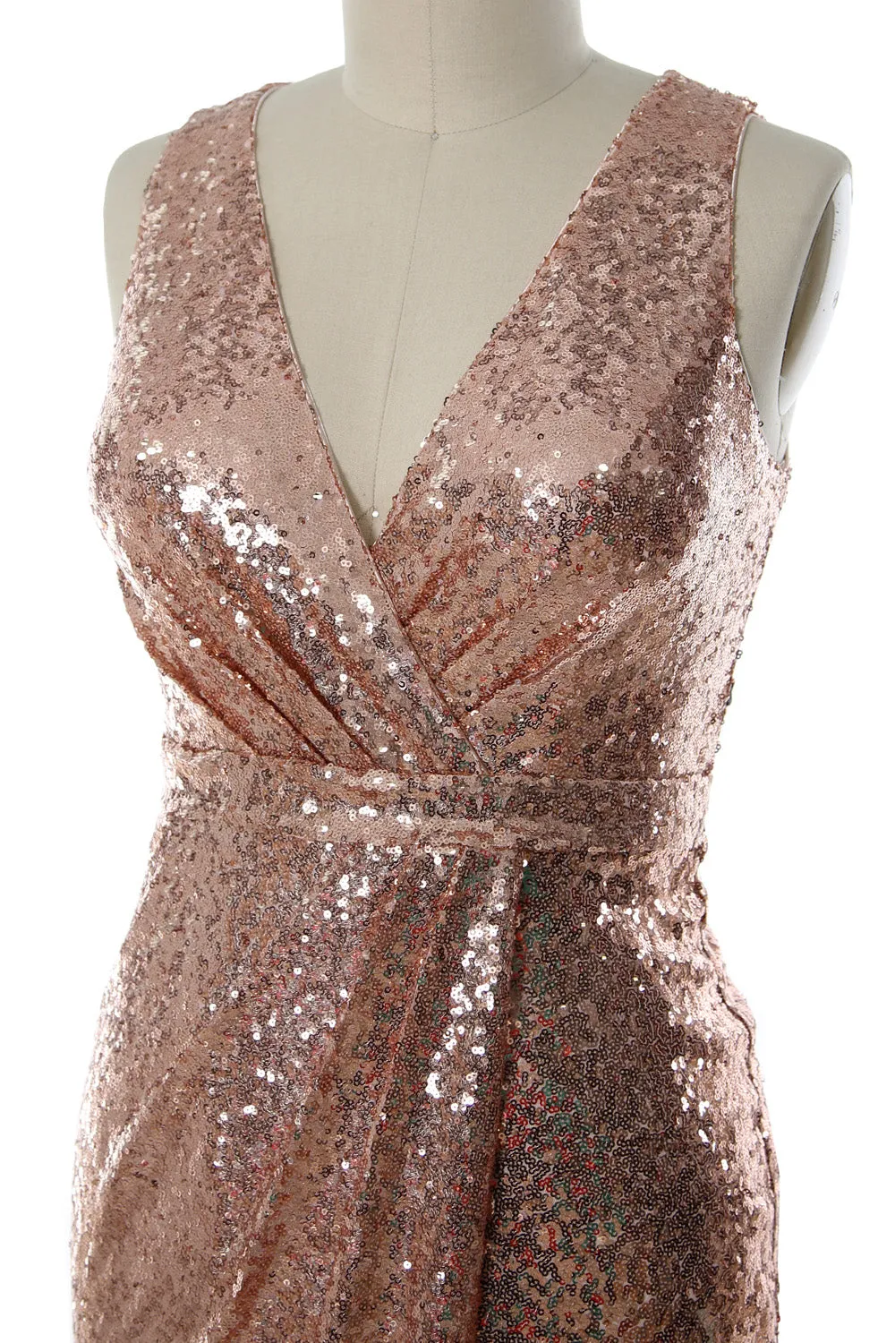 MACloth V Neck Sequin Hi Lo Bridesmaid Dress Simple Long Prom Dress Formal Gown