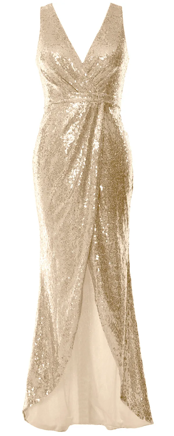 MACloth V Neck Sequin Hi Lo Bridesmaid Dress Simple Long Prom Dress Formal Gown