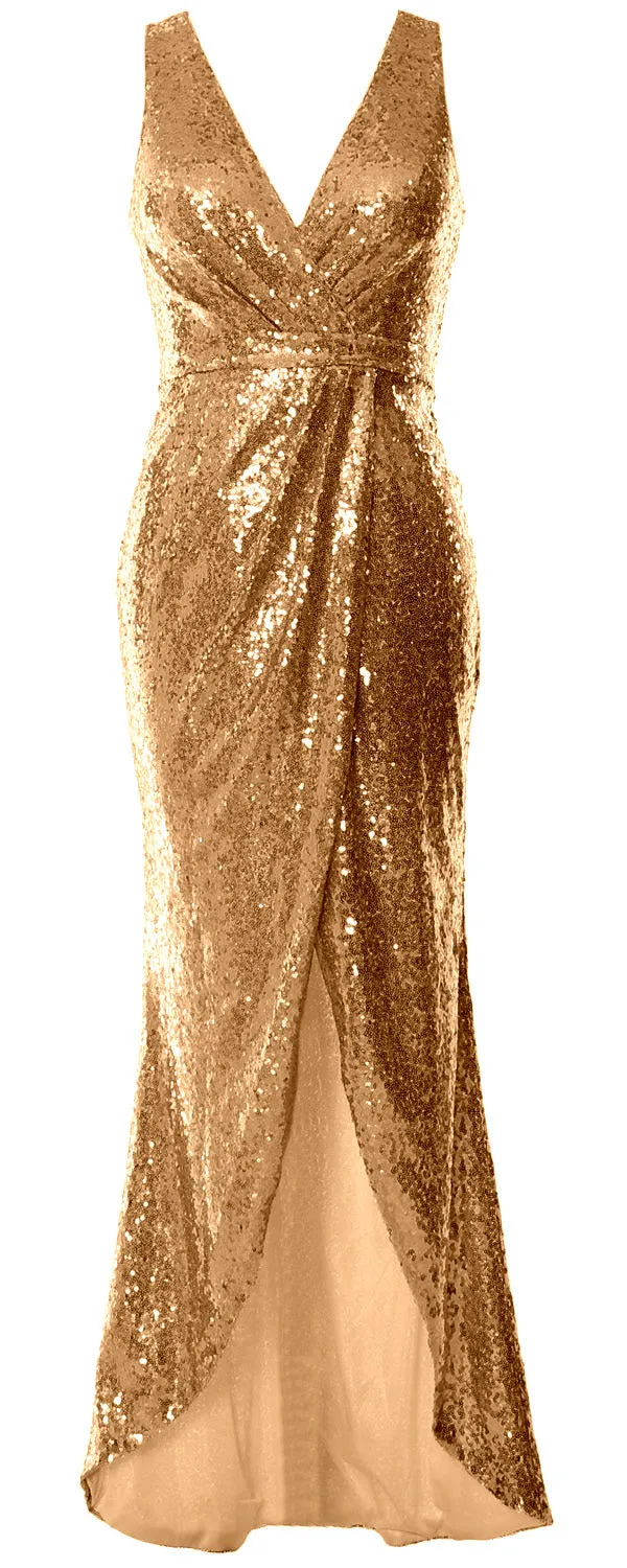 MACloth V Neck Sequin Hi Lo Bridesmaid Dress Simple Long Prom Dress Formal Gown