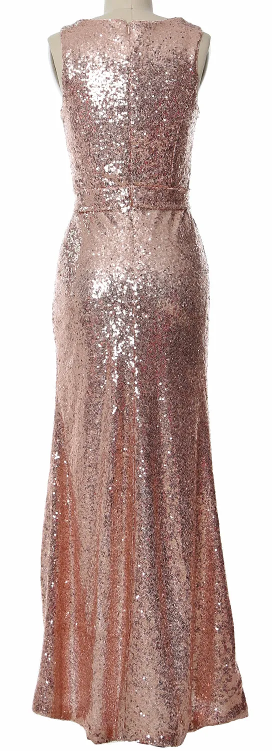 MACloth V Neck Sequin Hi Lo Bridesmaid Dress Simple Long Prom Dress Formal Gown