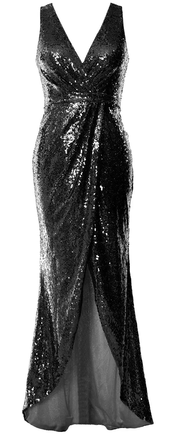 MACloth V Neck Sequin Hi Lo Bridesmaid Dress Simple Long Prom Dress Formal Gown
