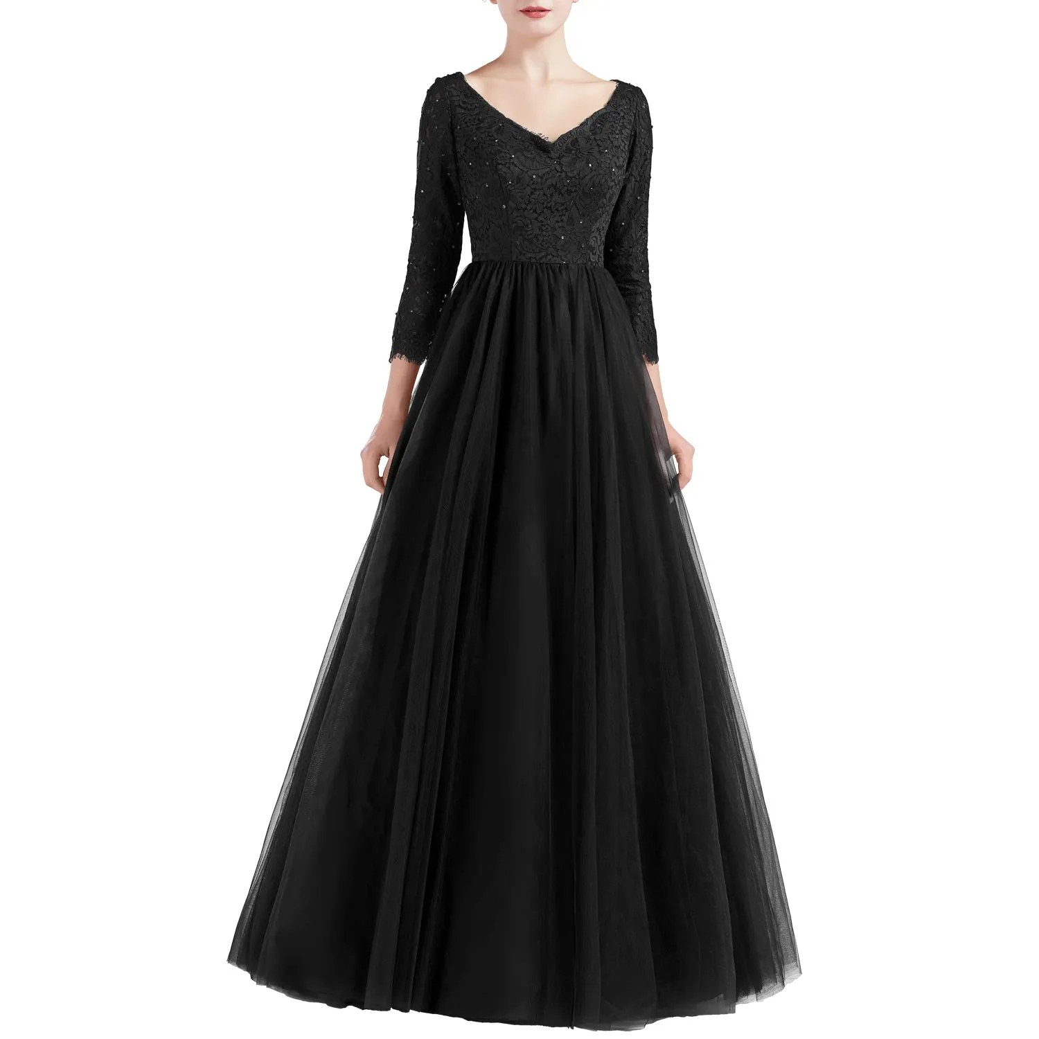 MACloth Women V Neck 3/4 Sleeve Long Tulle Prom Party Dresses Ball Gown Bridal