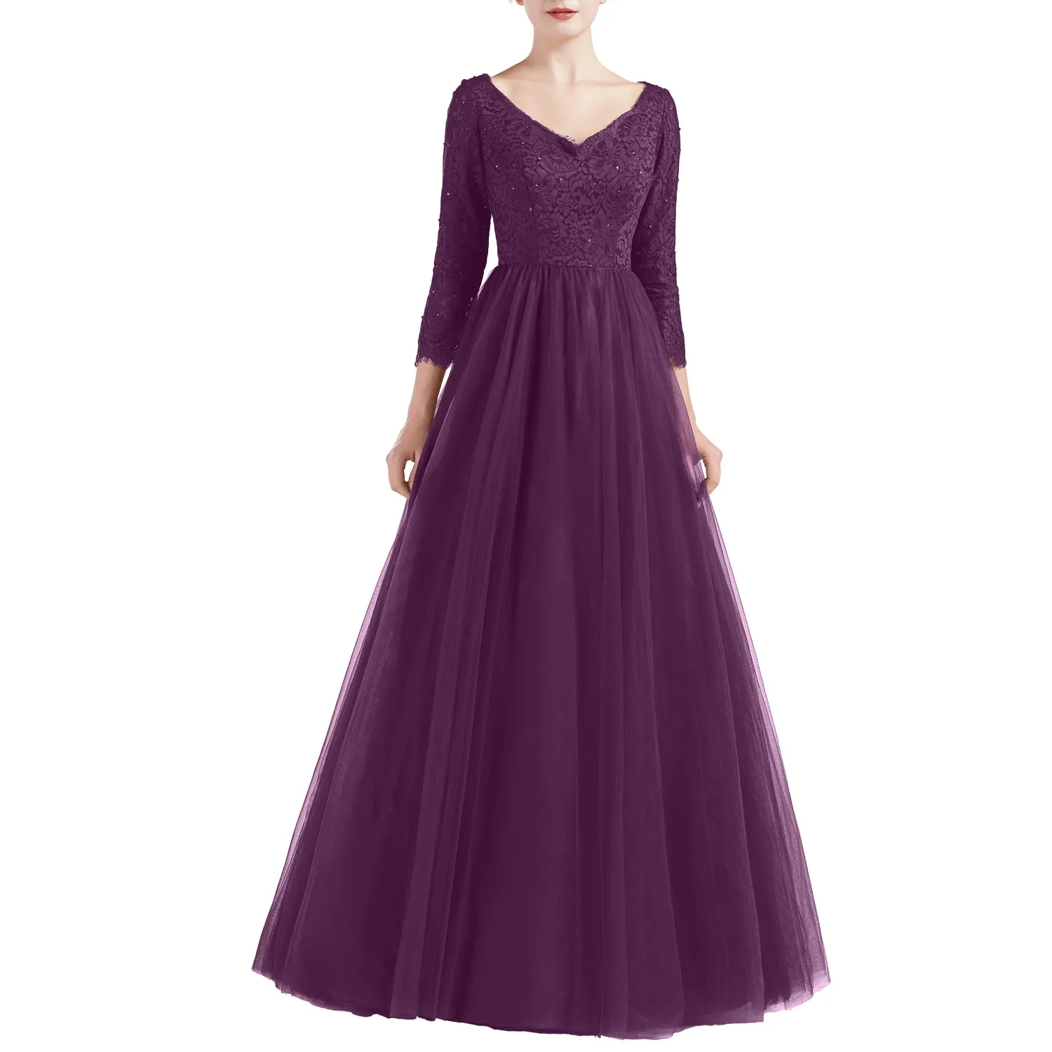 MACloth Women V Neck 3/4 Sleeve Long Tulle Prom Party Dresses Ball Gown Bridal