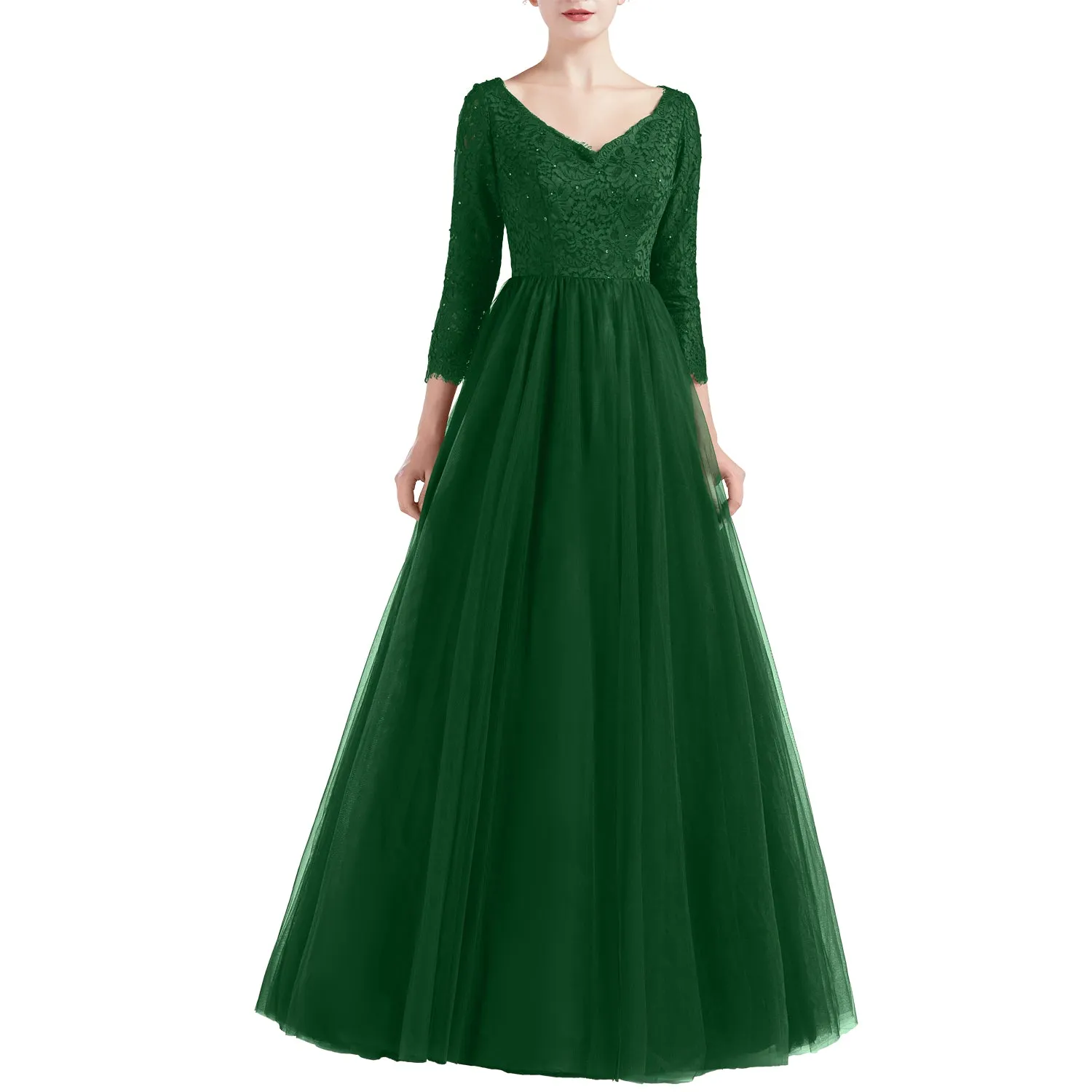 MACloth Women V Neck 3/4 Sleeve Long Tulle Prom Party Dresses Ball Gown Bridal
