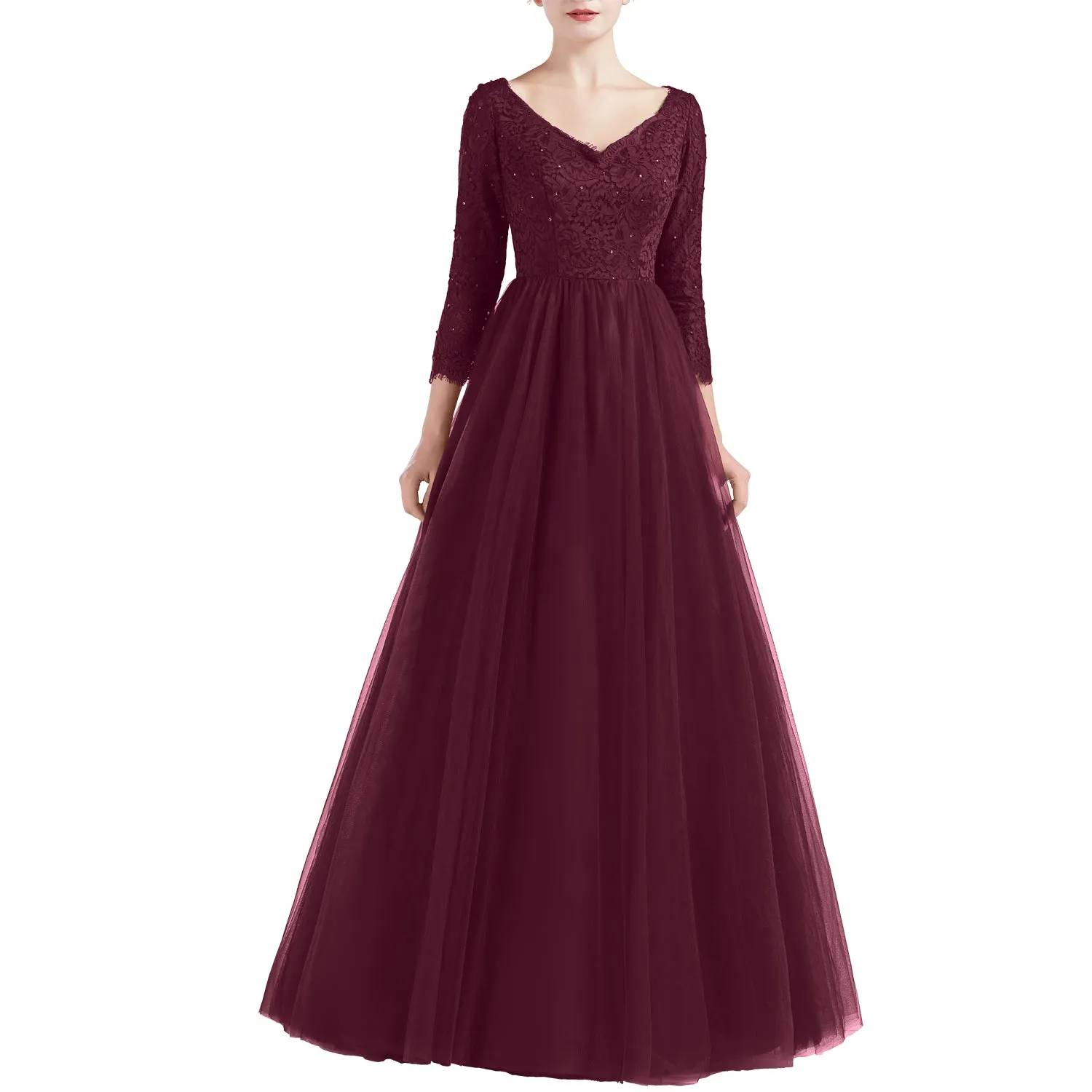 MACloth Women V Neck 3/4 Sleeve Long Tulle Prom Party Dresses Ball Gown Bridal