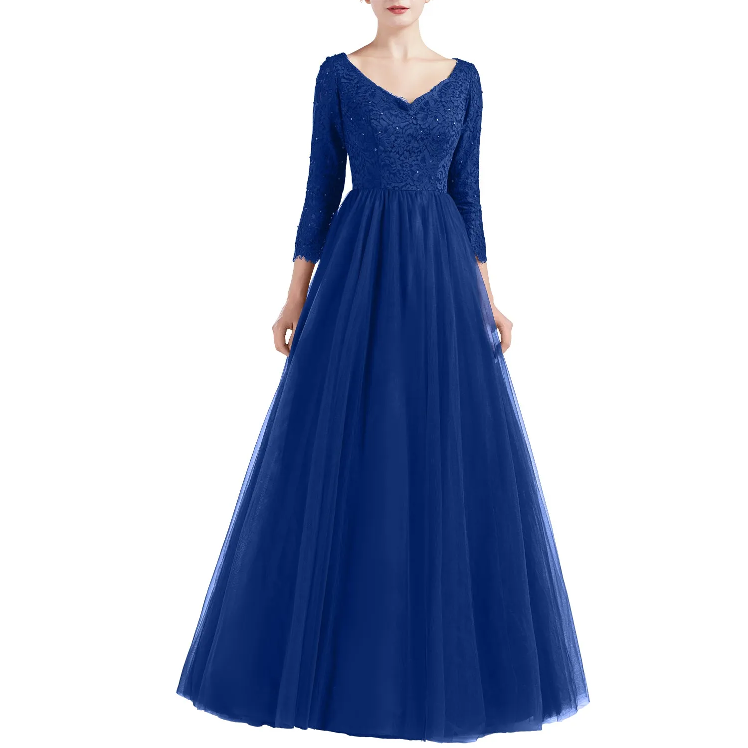 MACloth Women V Neck 3/4 Sleeve Long Tulle Prom Party Dresses Ball Gown Bridal
