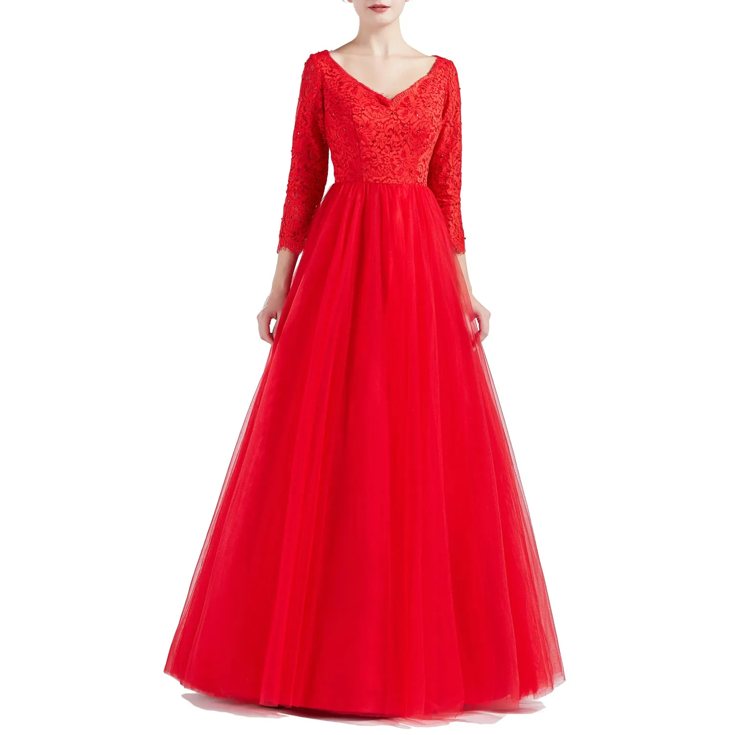 MACloth Women V Neck 3/4 Sleeve Long Tulle Prom Party Dresses Ball Gown Bridal