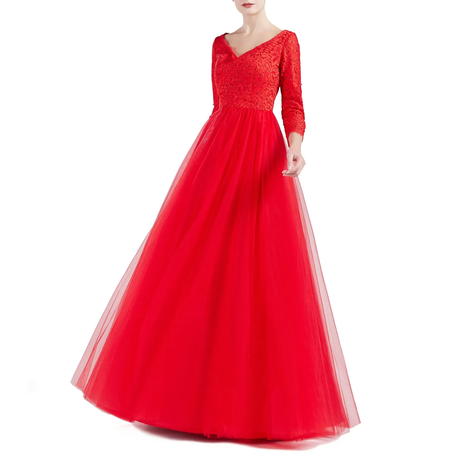 MACloth Women V Neck 3/4 Sleeve Long Tulle Prom Party Dresses Ball Gown Bridal