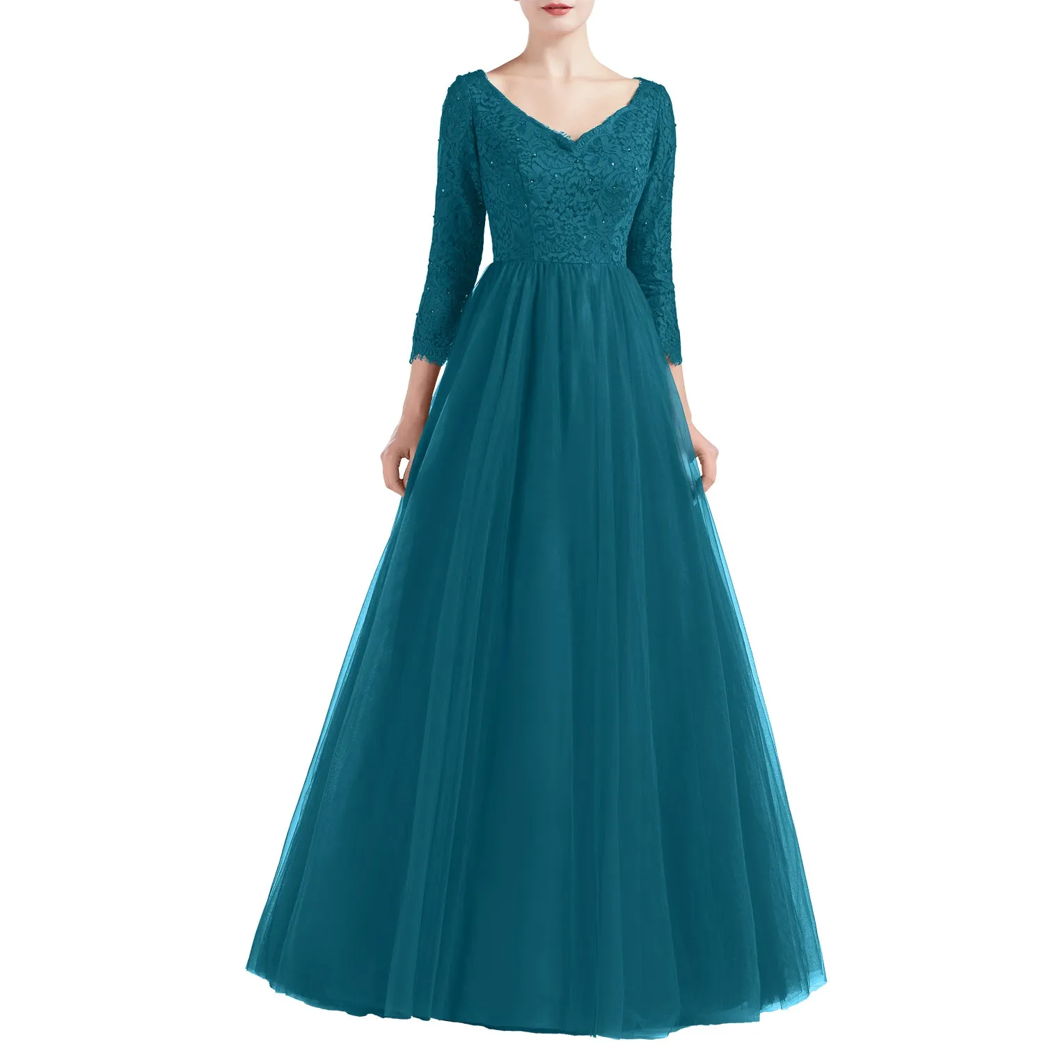 MACloth Women V Neck 3/4 Sleeve Long Tulle Prom Party Dresses Ball Gown Bridal