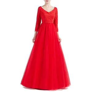 MACloth Women V Neck 3/4 Sleeve Long Tulle Prom Party Dresses Ball Gown Bridal