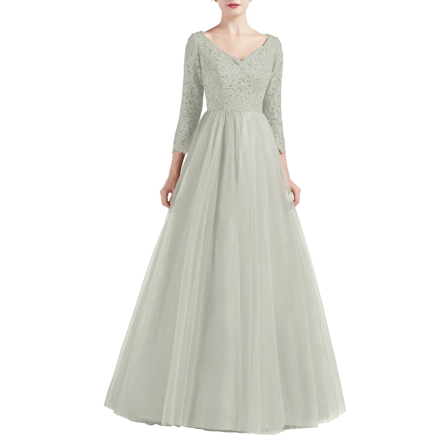 MACloth Women V Neck 3/4 Sleeve Long Tulle Prom Party Dresses Ball Gown Bridal