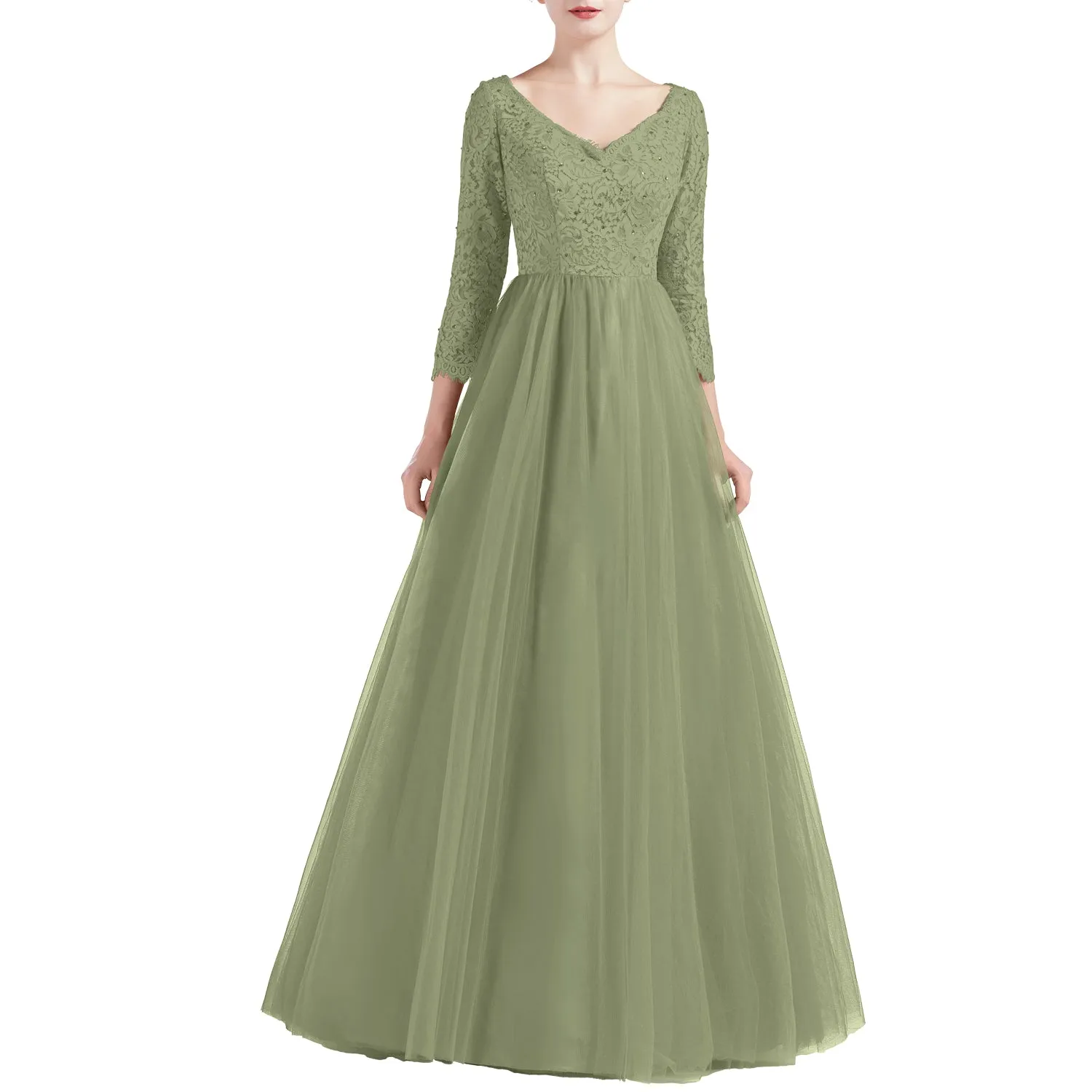 MACloth Women V Neck 3/4 Sleeve Long Tulle Prom Party Dresses Ball Gown Bridal