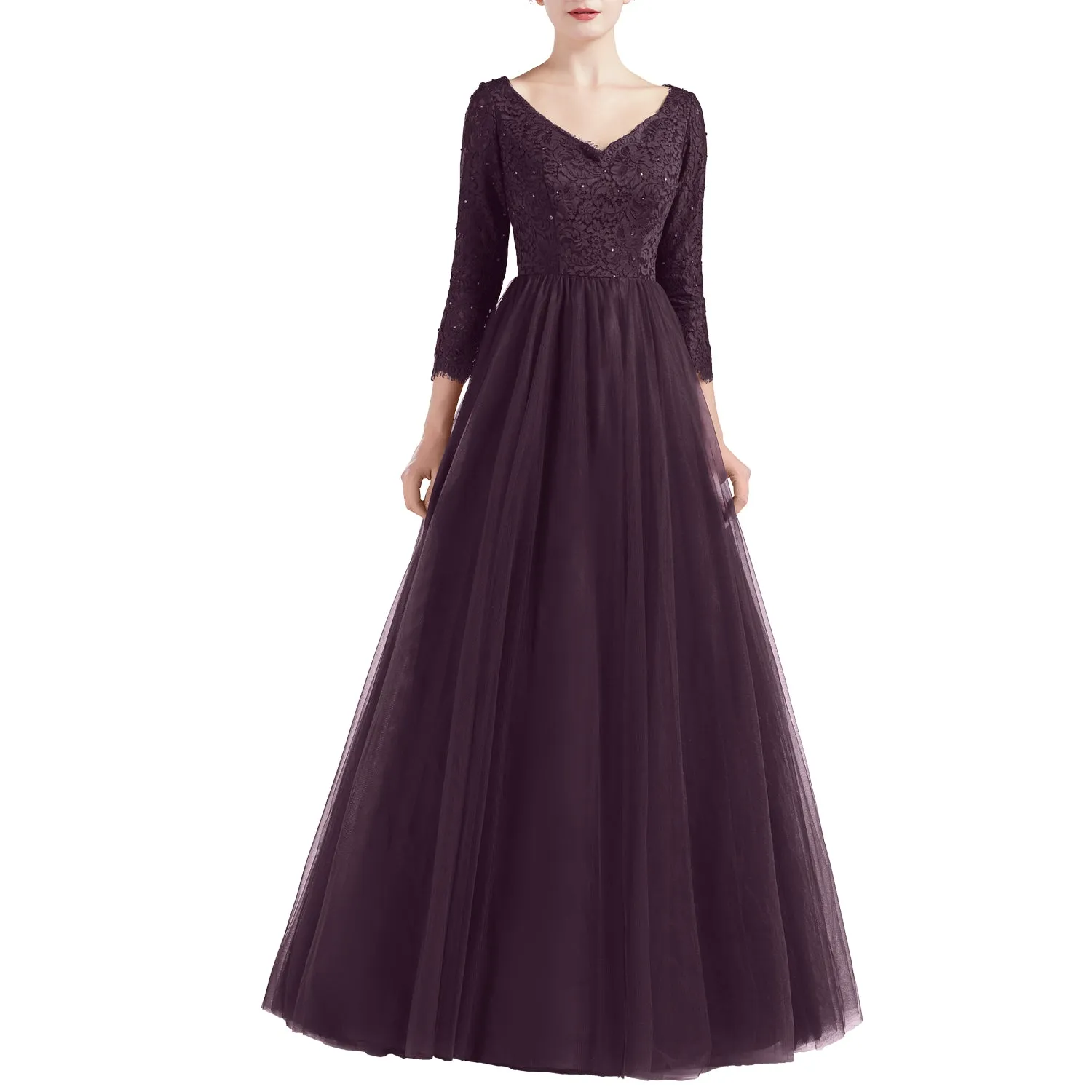 MACloth Women V Neck 3/4 Sleeve Long Tulle Prom Party Dresses Ball Gown Bridal