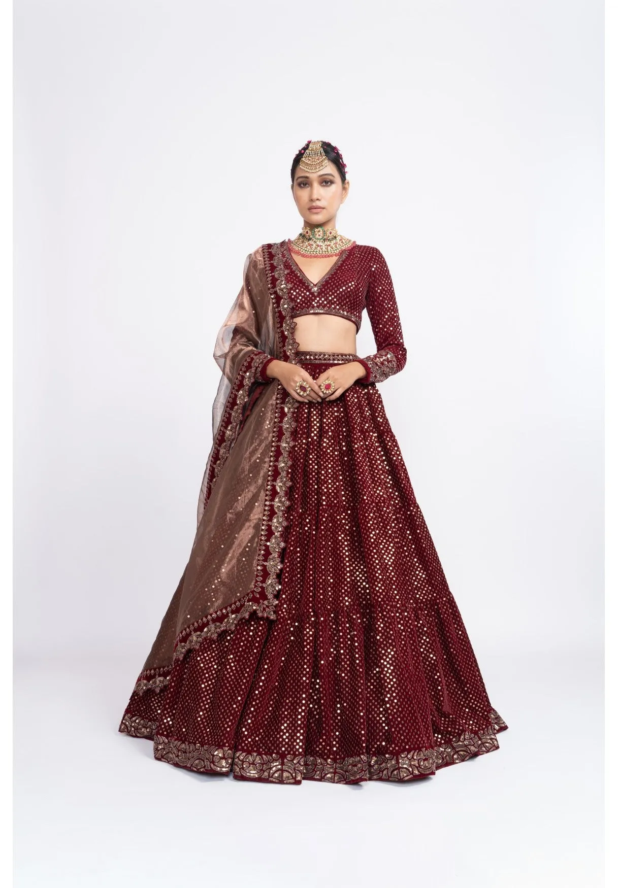 Mahroon Dense Dot Lehenga Set