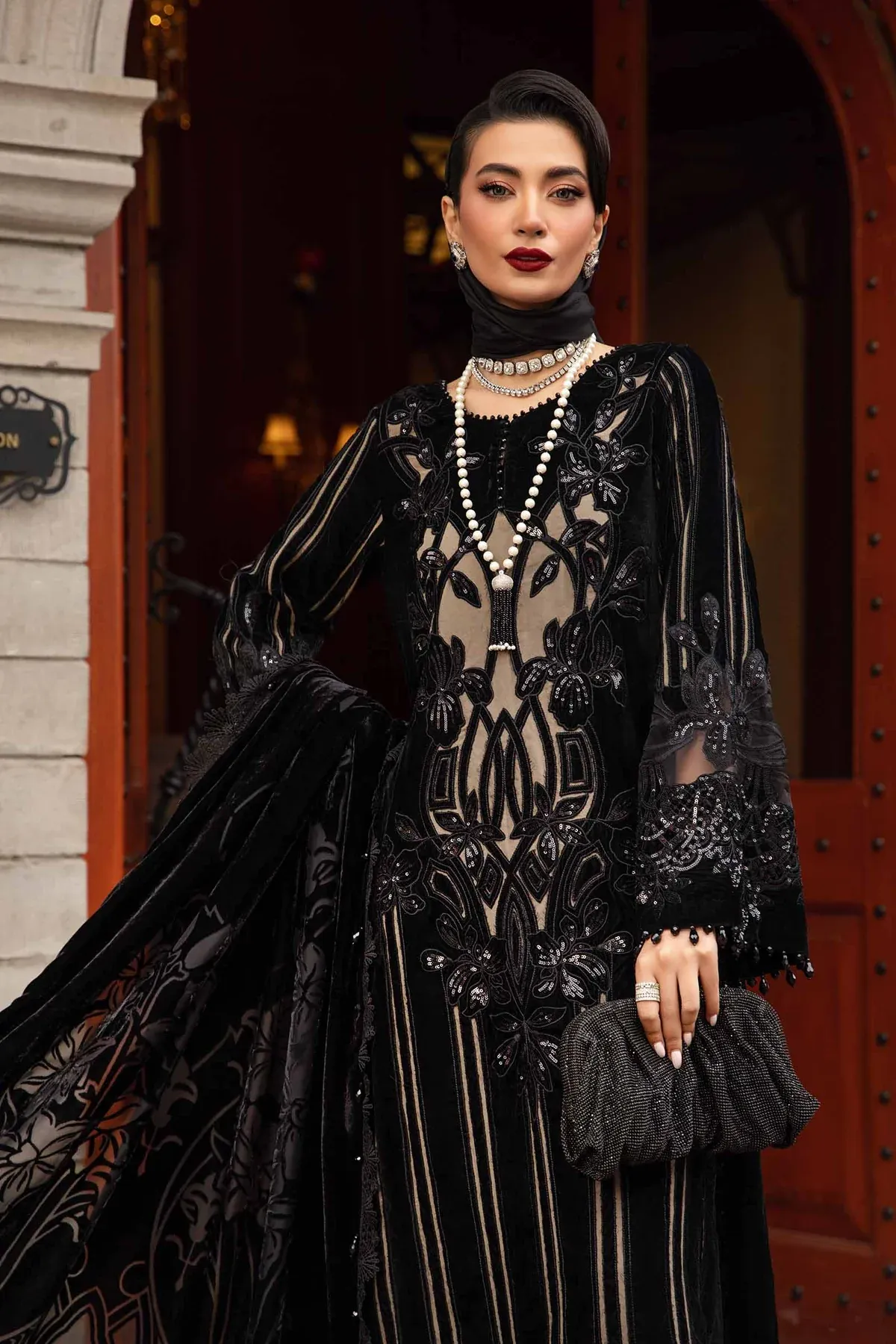 Maria.B Vinter Luxe 3 Piece Unstitched Embroidered Velvet Suit DL-1205 With Paliachi Shawl