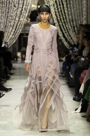 Mauve Flocked Lace and Tulle Gown with Floral Appliqué