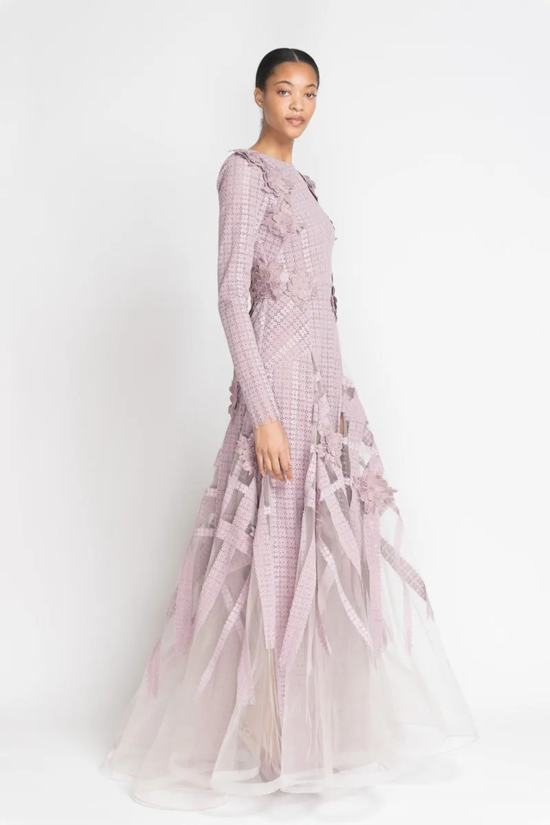 Mauve Flocked Lace and Tulle Gown with Floral Appliqué
