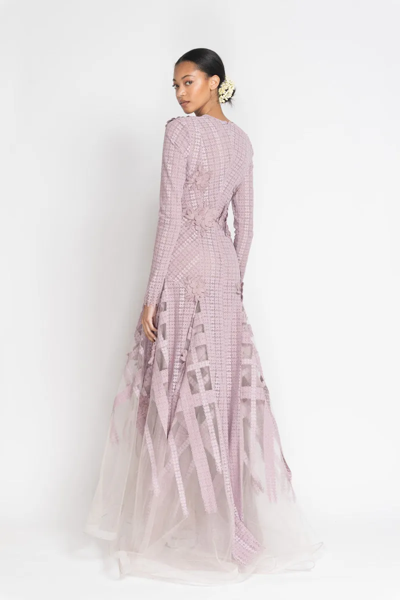 Mauve Flocked Lace and Tulle Gown with Floral Appliqué