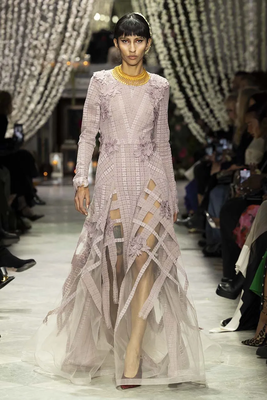 Mauve Flocked Lace and Tulle Gown with Floral Appliqué
