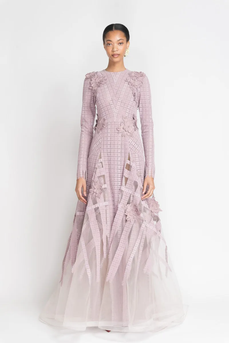 Mauve Flocked Lace and Tulle Gown with Floral Appliqué