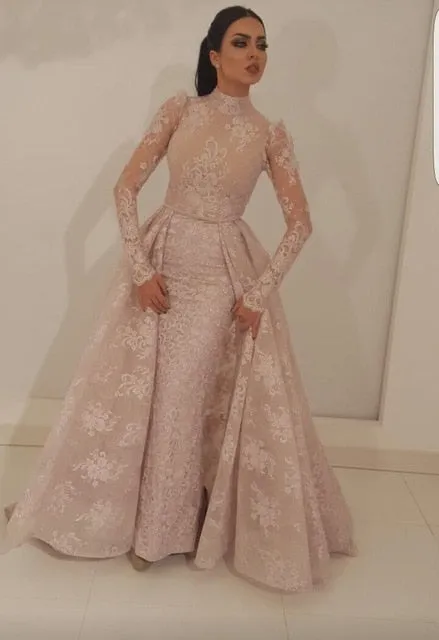 Mermaid High Collar Illusion Long Sleeves Gown