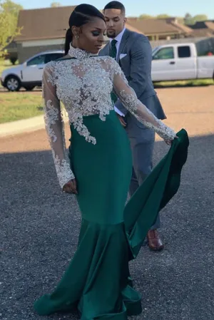Mermaid Hunter Green Prom Gown with Sheer Lace Beaded Long Sleeves
