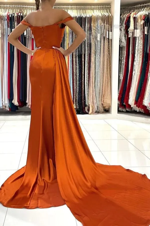 Mermaid Satin Off-the-Shoulder Prom Dresses With Train, Evening Dresses, MP723