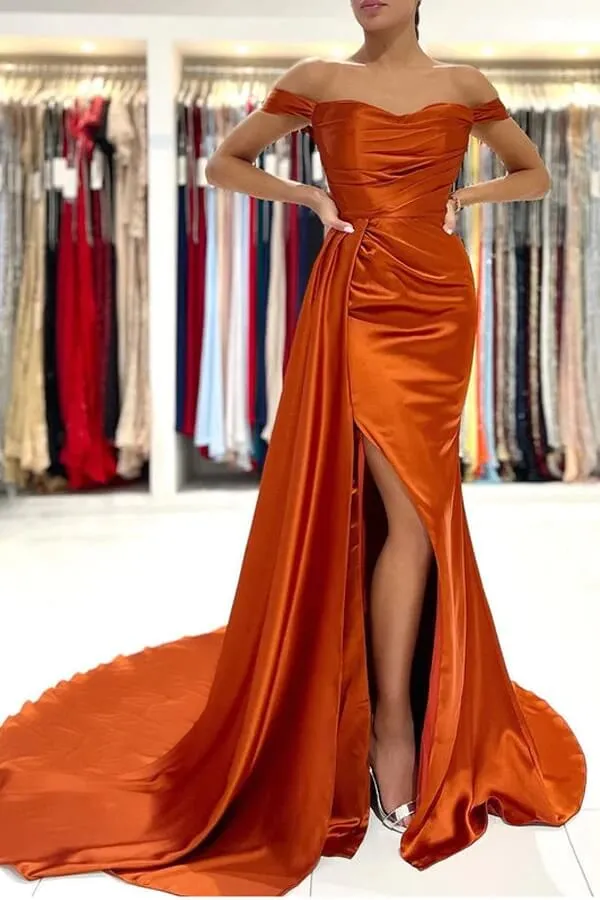 Mermaid Satin Off-the-Shoulder Prom Dresses With Train, Evening Dresses, MP723