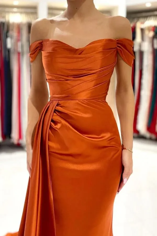 Mermaid Satin Off-the-Shoulder Prom Dresses With Train, Evening Dresses, MP723