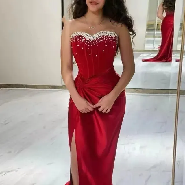 Mermaid Satin Prom Dresses Pleated Crystal Side Slit Sleeveless Evening Gown Formal Women Occasion Party Dresses