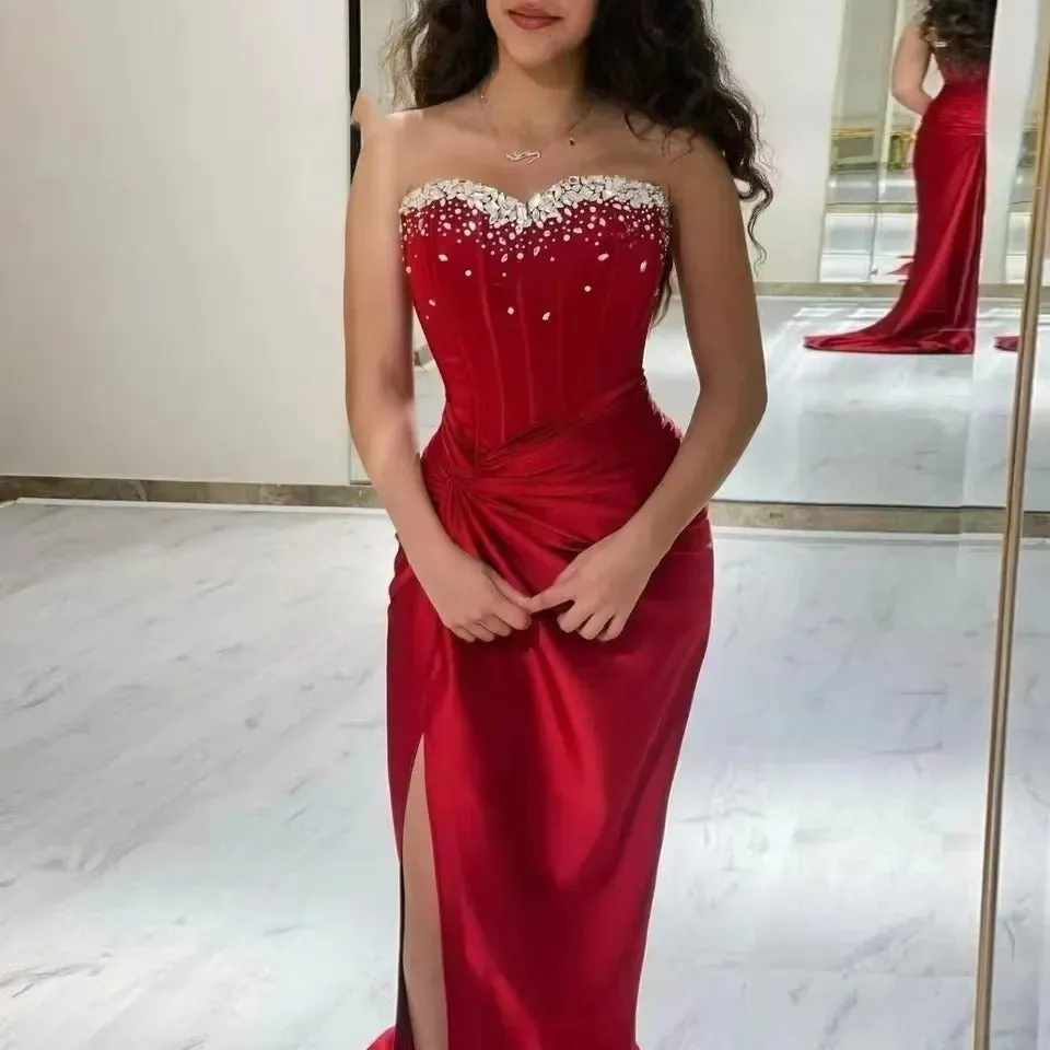 Mermaid Satin Prom Dresses Pleated Crystal Side Slit Sleeveless Evening Gown Formal Women Occasion Party Dresses