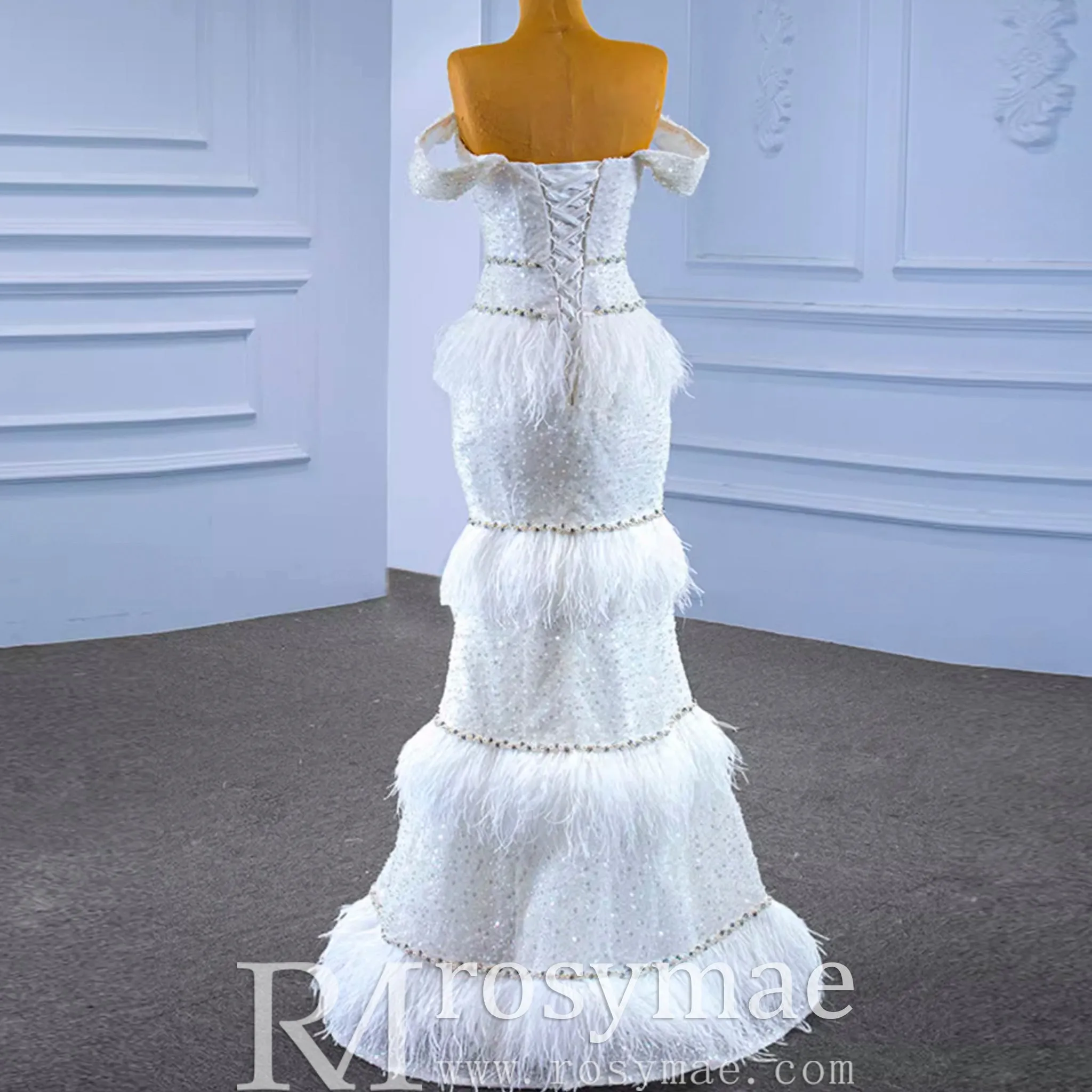 Mermaid Sequins Off the Shoulder Wedding Dress with Feather