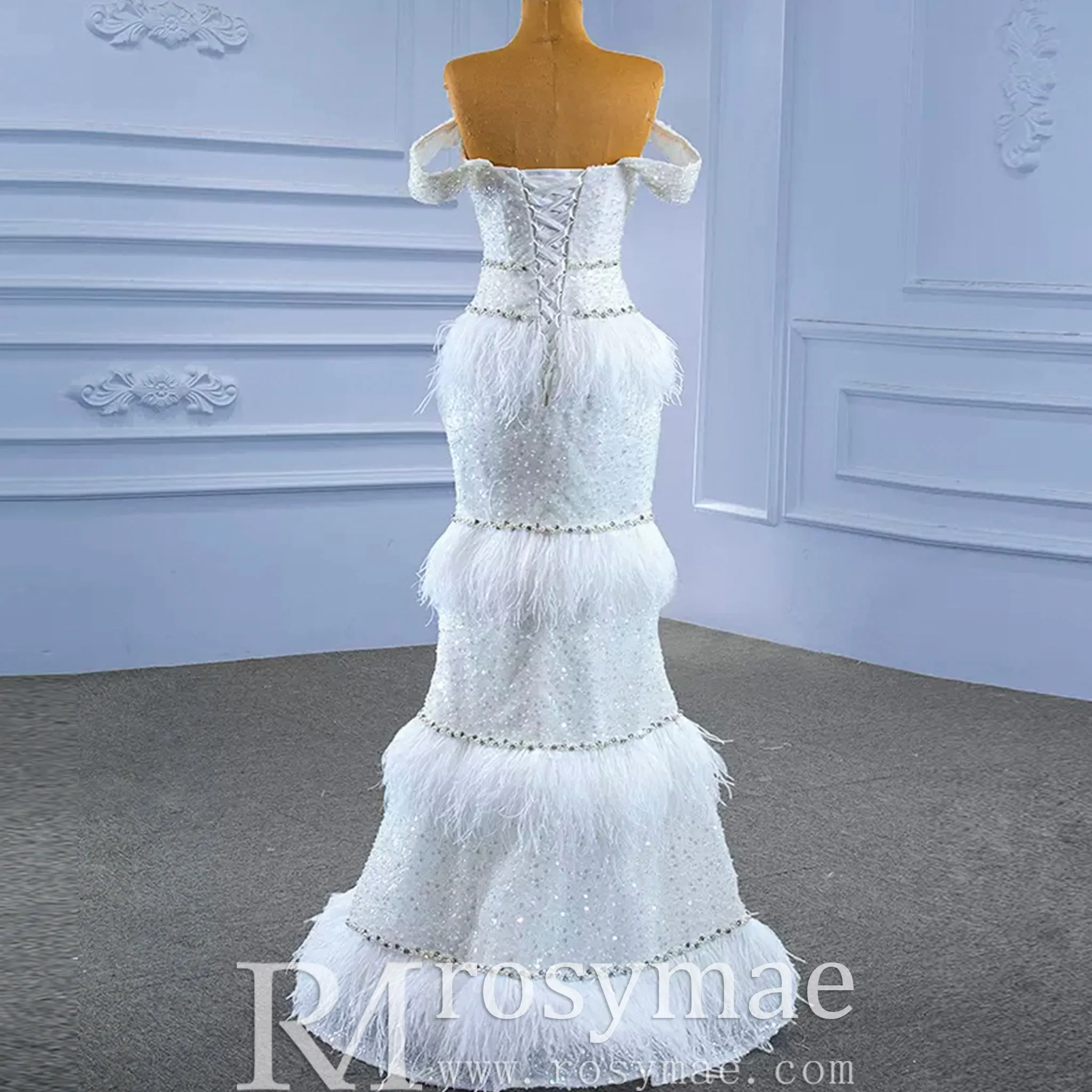 Mermaid Sequins Off the Shoulder Wedding Dress with Feather