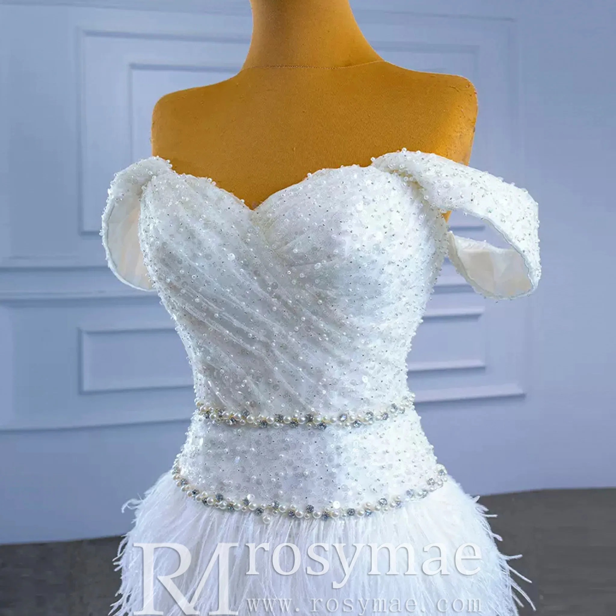 Mermaid Sequins Off the Shoulder Wedding Dress with Feather