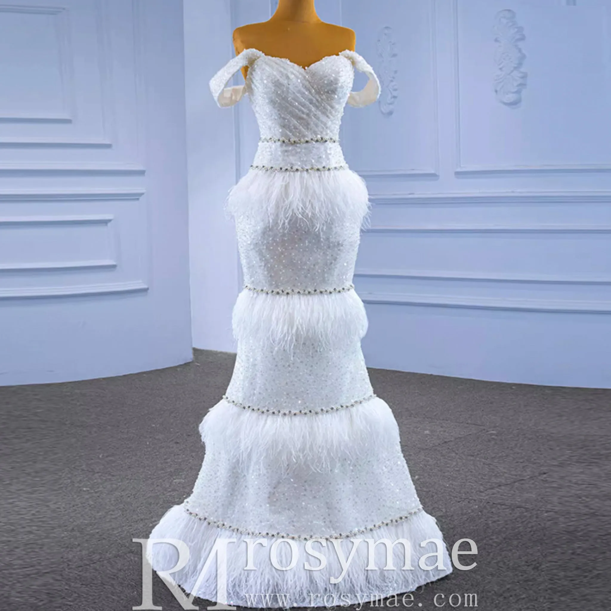 Mermaid Sequins Off the Shoulder Wedding Dress with Feather