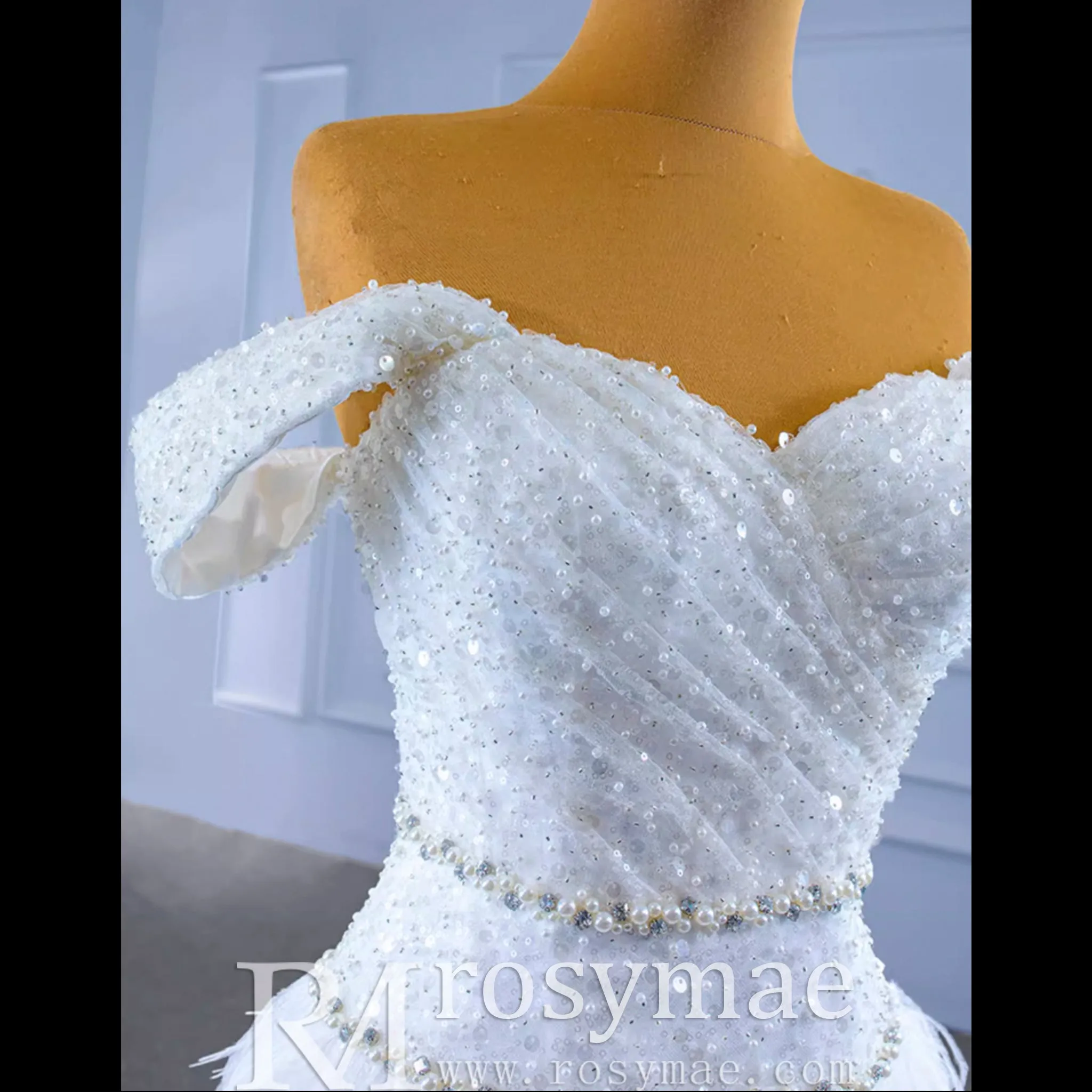Mermaid Sequins Off the Shoulder Wedding Dress with Feather
