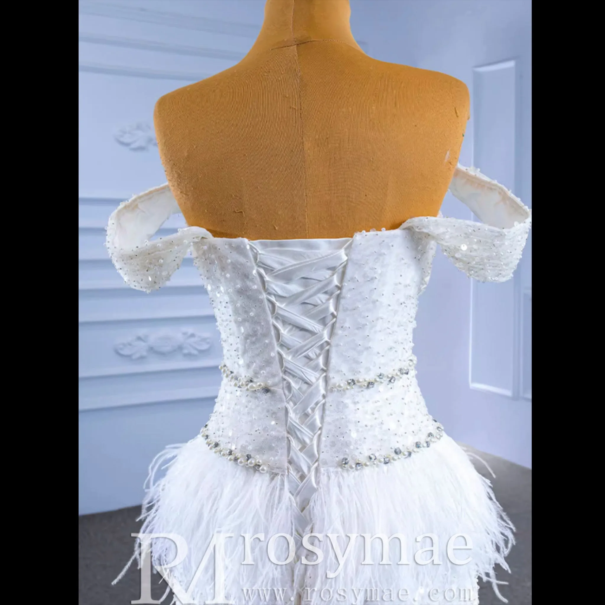Mermaid Sequins Off the Shoulder Wedding Dress with Feather