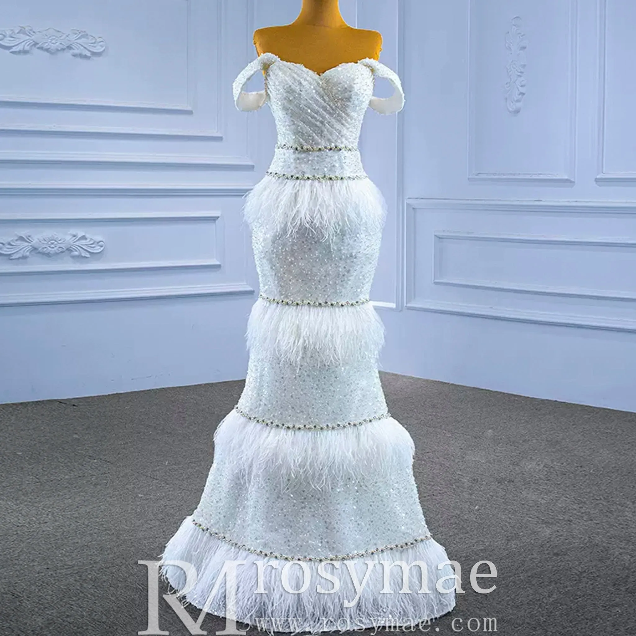 Mermaid Sequins Off the Shoulder Wedding Dress with Feather