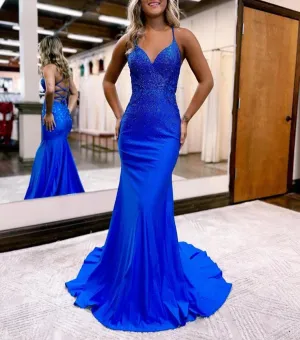 Mermaid Spaghetti Straps Corset Back Satin Prom Dresses