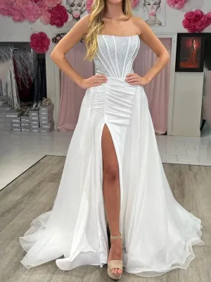 Mermaid Strapless Satin Long Prom Dresses with Beading