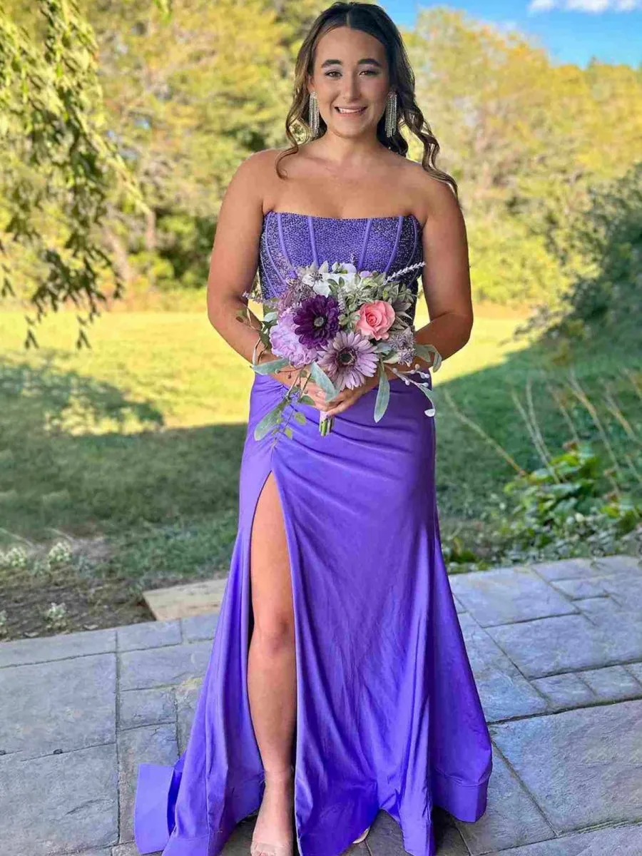 Mermaid Strapless Satin Long Prom Dresses with Beading