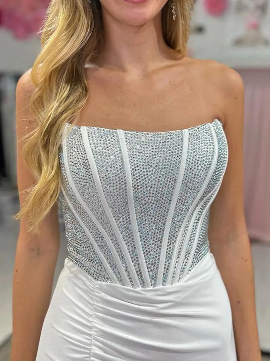 Mermaid Strapless Satin Long Prom Dresses with Beading
