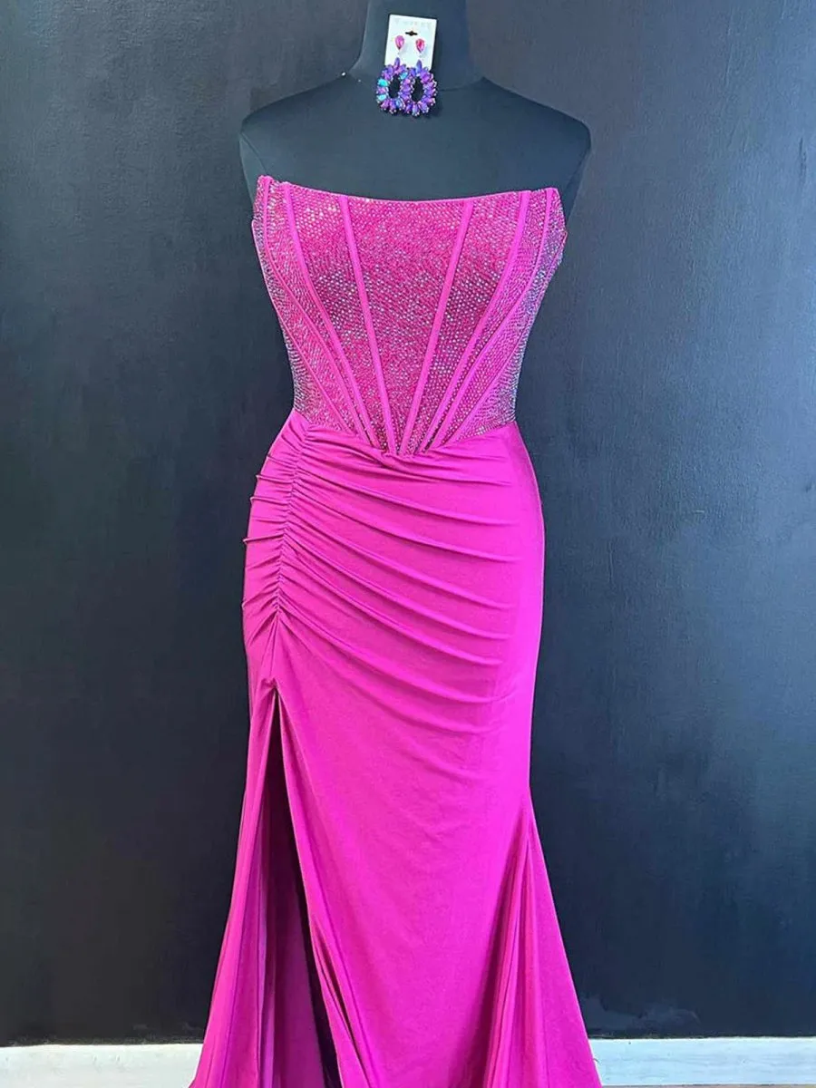 Mermaid Strapless Satin Long Prom Dresses with Beading