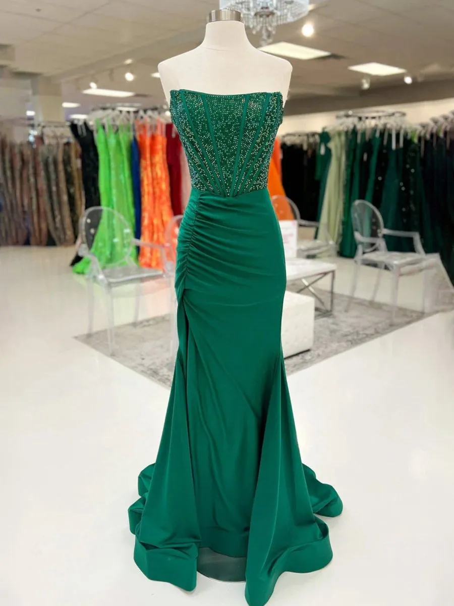 Mermaid Strapless Satin Long Prom Dresses with Beading