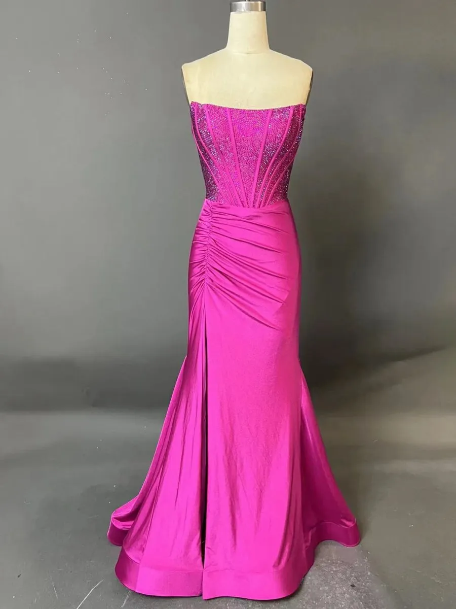 Mermaid Strapless Satin Long Prom Dresses with Beading