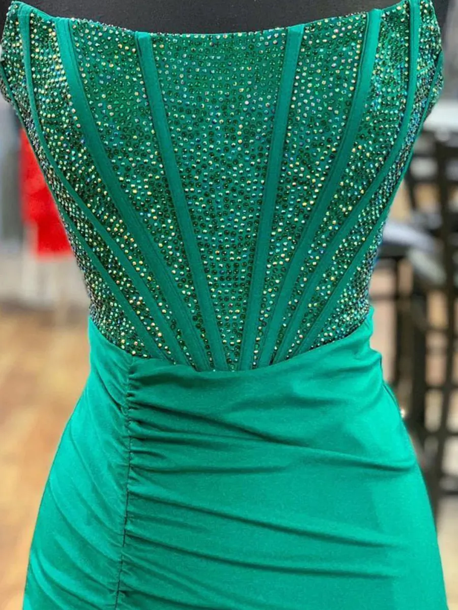 Mermaid Strapless Satin Long Prom Dresses with Beading