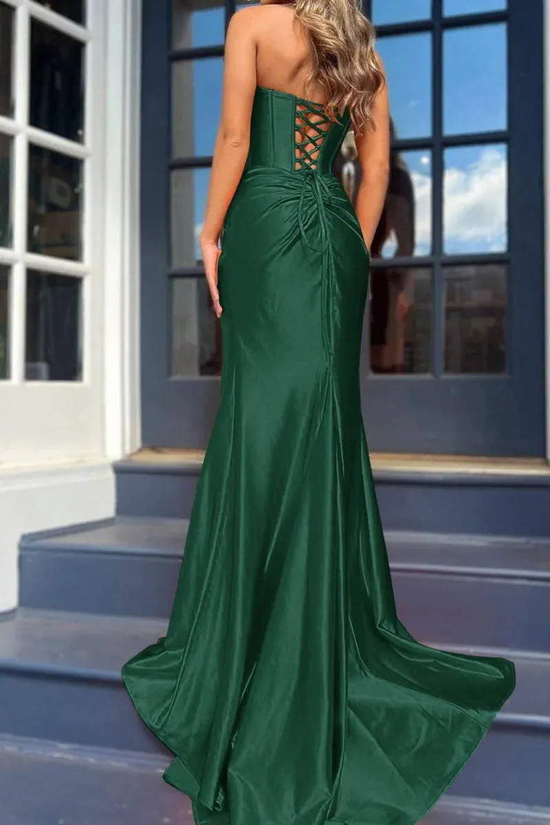 Mermaid Strapless Satin Long Prom Dresses with Slit