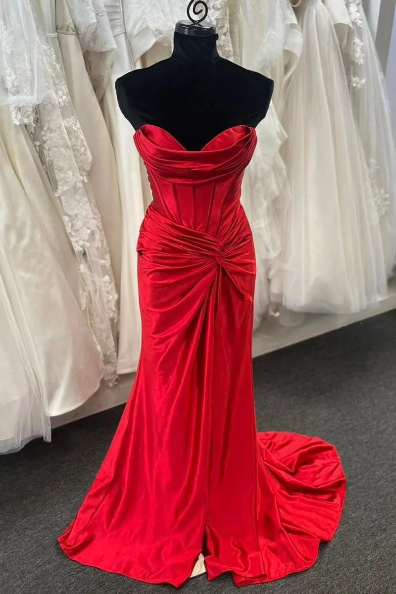 Mermaid Strapless Satin Long Prom Dresses with Slit