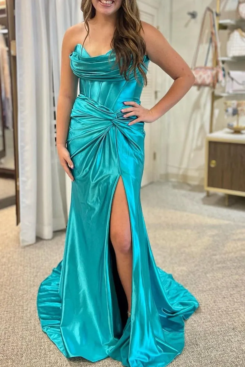 Mermaid Strapless Satin Long Prom Dresses with Slit